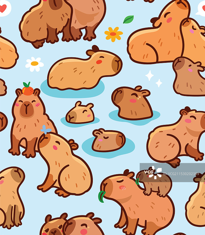 无缝图案的水豚家庭角色图片素材