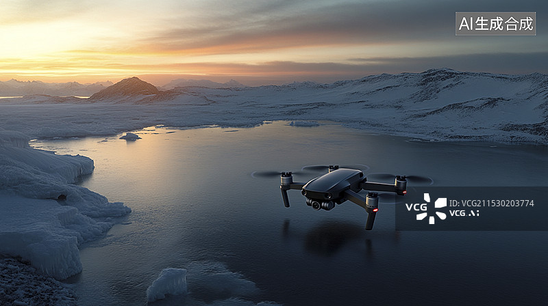 【AI数字艺术】冬季冰雪覆盖的湖面上的无人机图片素材