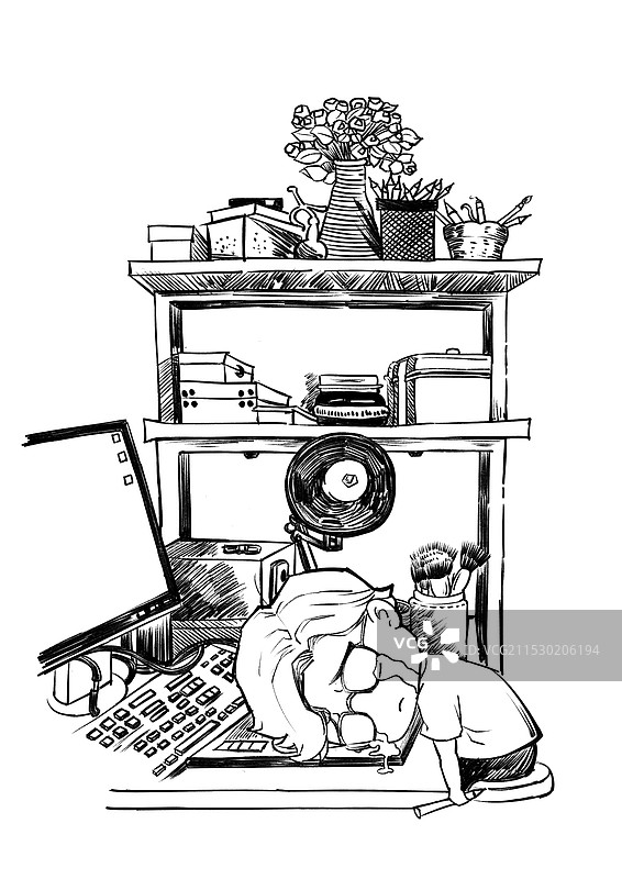 加班的打工人漫画素描图片素材