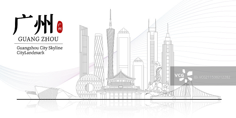 国风广州城市地标建筑城市天际线矢量线条素描插画建筑群图片素材
