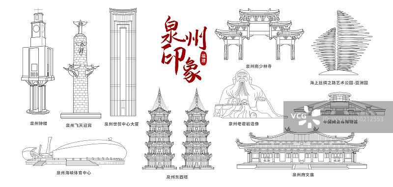 国风福建泉州城市印象地标建筑城市天际线矢量线条素描插画建筑群图片素材