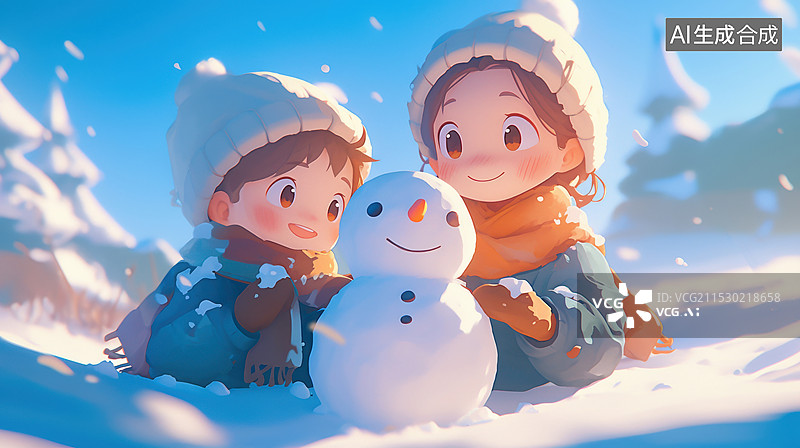 【AI数字艺术】冬天雪地里儿童堆雪人图片素材
