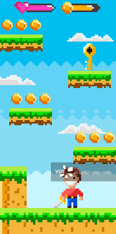 复古视频游戏关卡，角色正在收集物品图片素材