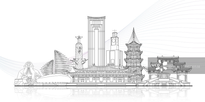 国风福建泉州城市印象地标建筑城市天际线矢量线条素描插画建筑群图片素材