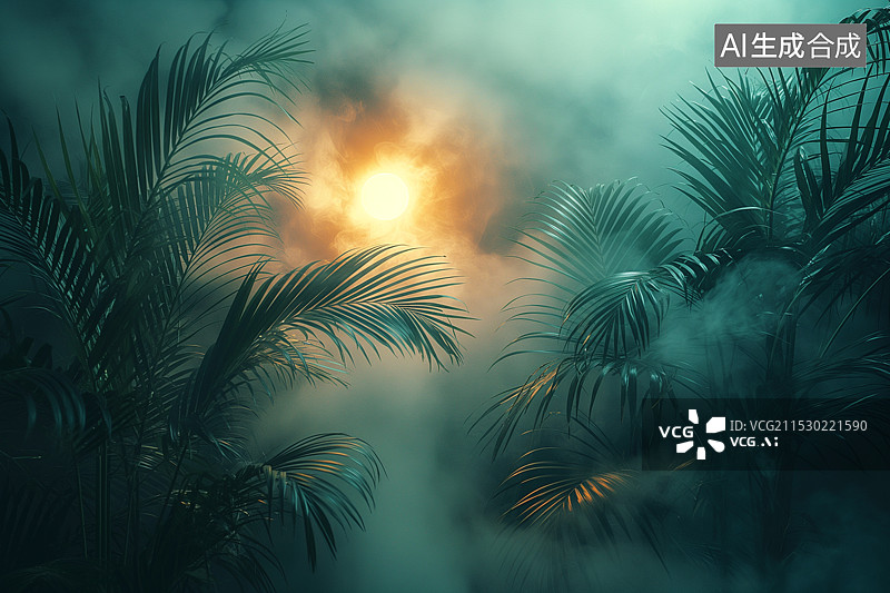 【AI数字艺术】森林里漂浮烟雾的绿色树叶背景图片素材