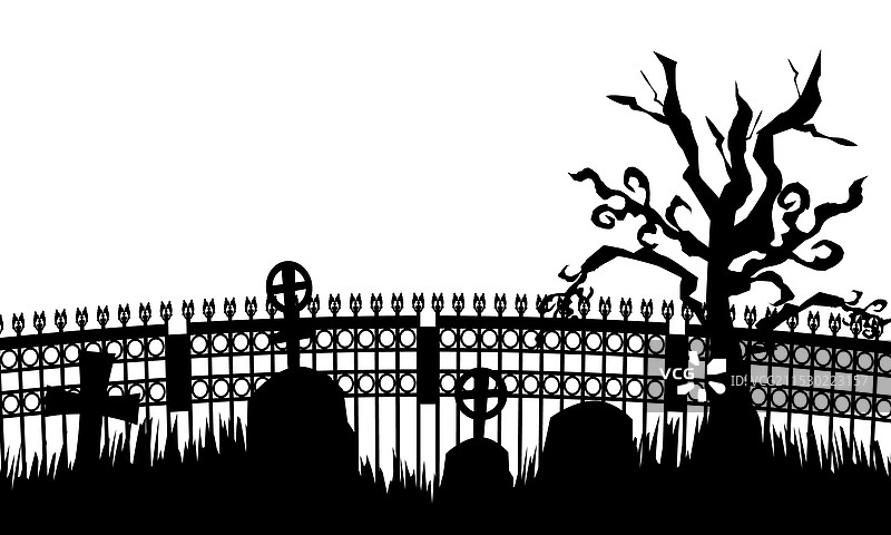 带有围栏元素的恐怖墓地剪影图片素材