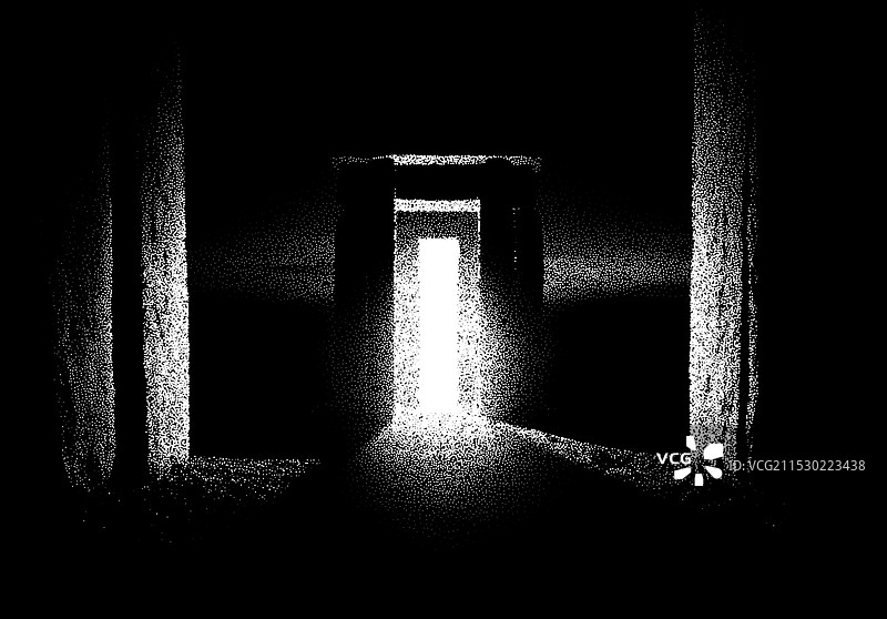 科幻场景中的古代遗迹，点描复古风格图片素材