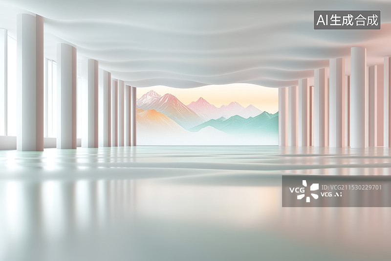 【AI数字艺术】国风三维山水倒影湖面天空场景，c4d场景图片素材