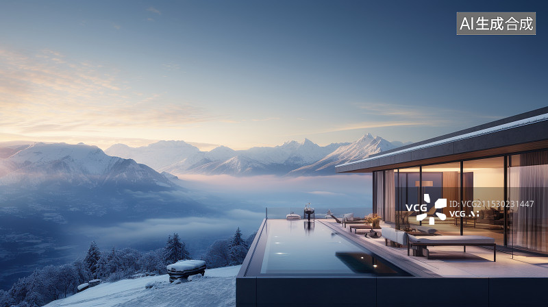 【AI数字艺术】自然风光映衬下的现代唯美玻璃泳池别墅建筑图片素材