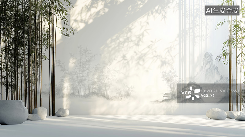 【AI数字艺术】3D室内建筑和竹子三维空间场景图片素材
