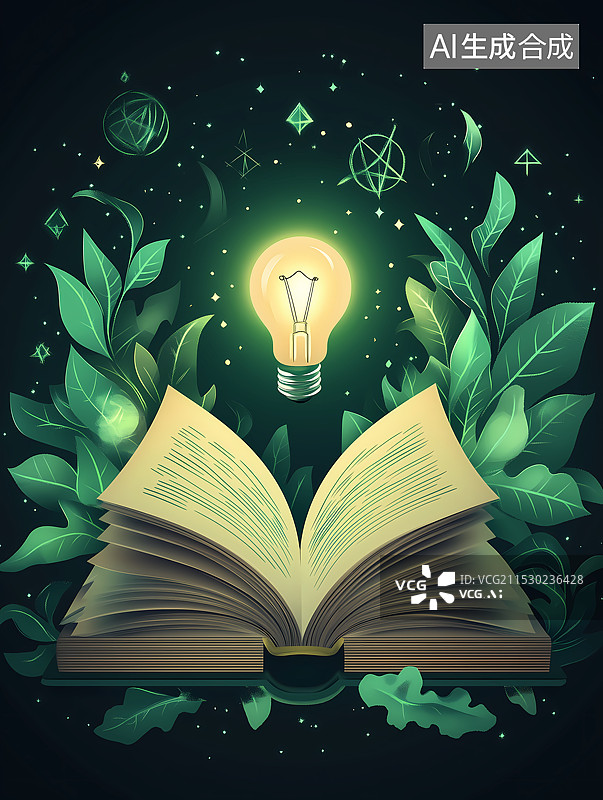 【AI数字艺术】灯泡绿叶和打开的书图片素材