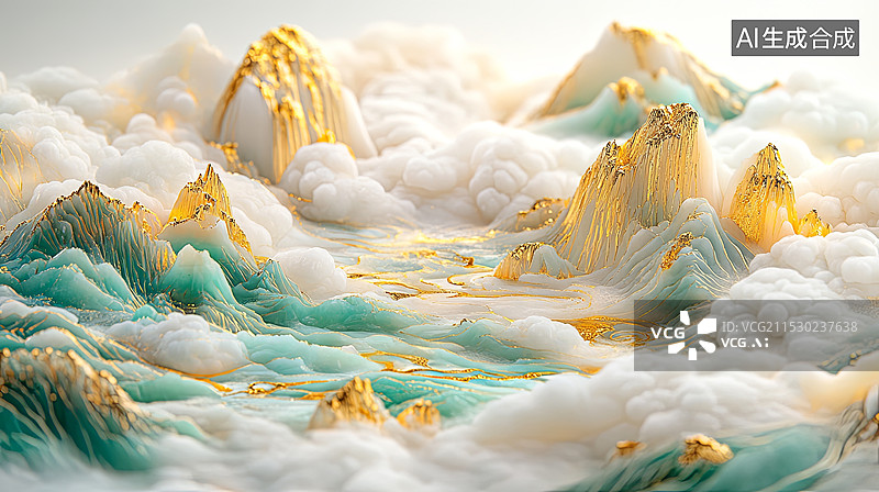 【AI数字艺术】3D金镶玉雕刻山水画图片素材