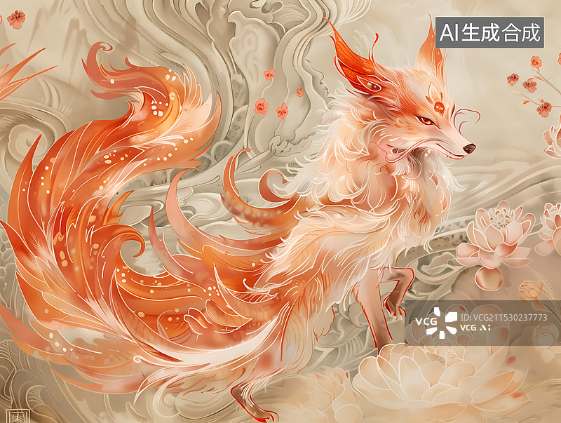 【AI数字艺术】中国风九尾狐插画图片素材