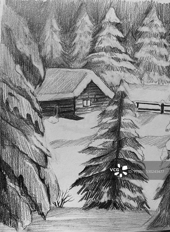 素描冬天风景图片素材
