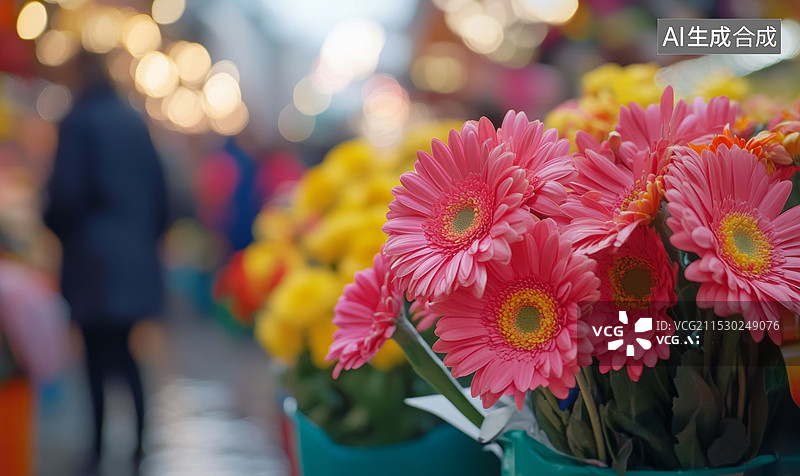 【AI数字艺术】花店里摆满了各种各样的鲜花和植物，色彩丰富，种类繁多。橱窗里陈列着不同颜色的花朵，门口也摆放了许多盆图片素材