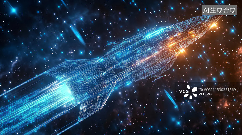 【AI数字艺术】抽象科技数字粒子组成的火箭全息图图片素材