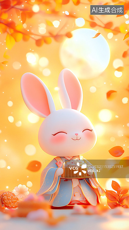 【AI数字艺术】中秋节的可爱国潮风玉兔3D插画图片素材