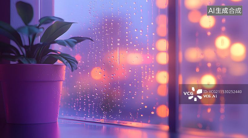 【AI数字艺术】雨天夜晚的窗台与窗户特写图片素材
