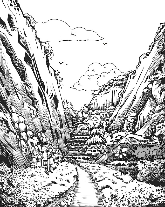 山间峡谷素描线稿图图片素材