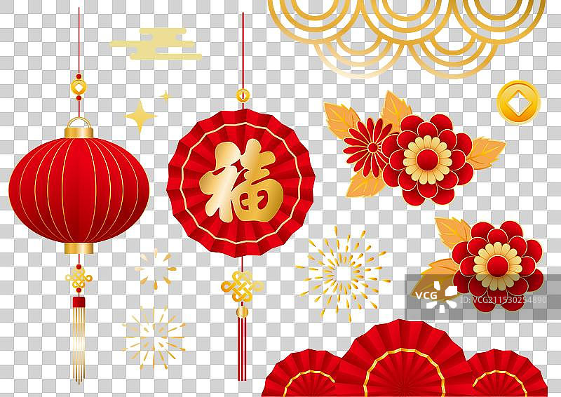 新年素材中国结灯笼圆形折扇烟花祥云纹图片素材
