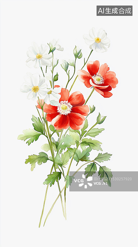 【AI数字艺术】手绘水粉瓜叶菊插画，色彩丰富，展现瓜叶菊清新可爱之态，画面精美。图片素材