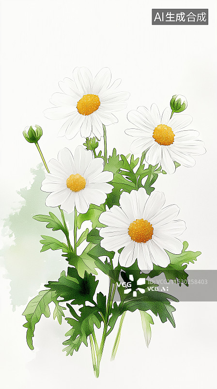 【AI数字艺术】手绘水粉瓜叶菊插画，色彩丰富，展现瓜叶菊清新可爱之态，画面精美。图片素材