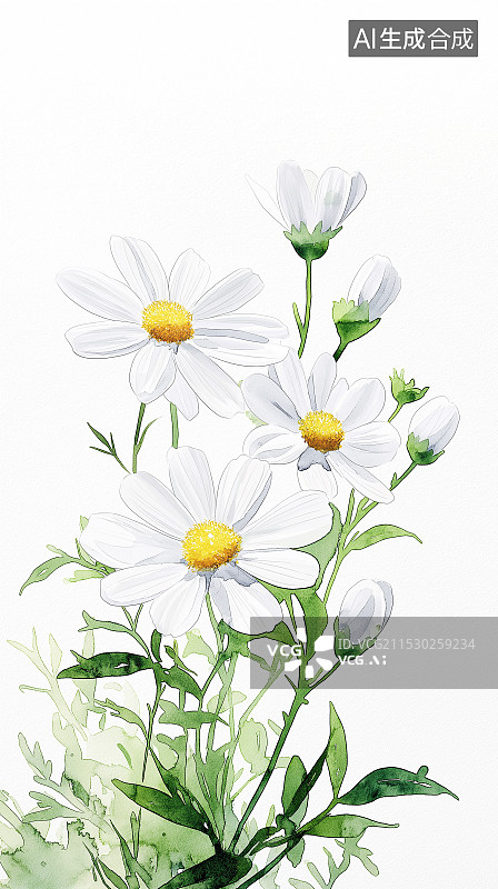 【AI数字艺术】手绘水粉瓜叶菊插画，色彩丰富，展现瓜叶菊清新可爱之态，画面精美。图片素材
