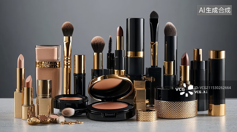 【AI数字艺术】美妆化妆品组合主题海报模板背景图片素材