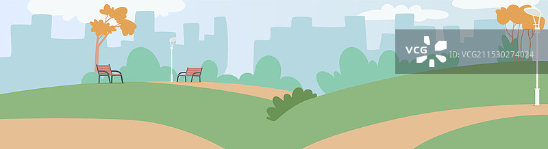 宁静的公园，配有长椅、路灯和远处的景色图片素材