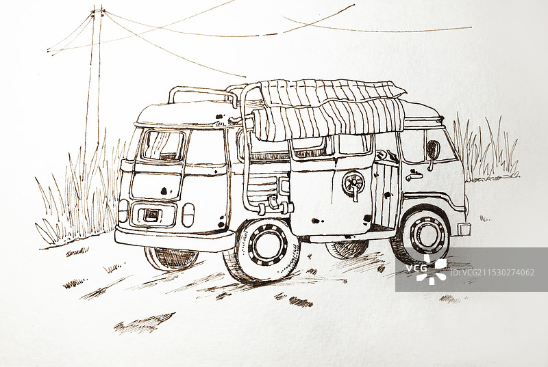 中巴车素描手绘插画图片素材