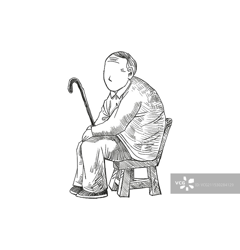 拿着拐杖的空巢老人坐在椅子上素描漫画图片素材