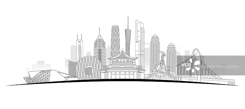 广州城市建筑黑色线稿矢量插画图片素材
