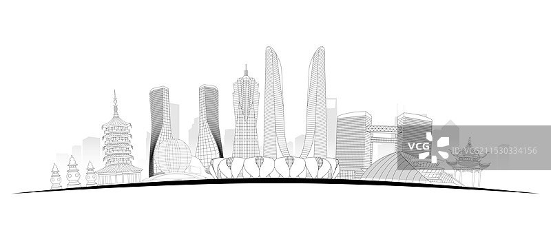 杭州城市建筑黑色线稿矢量插画图片素材