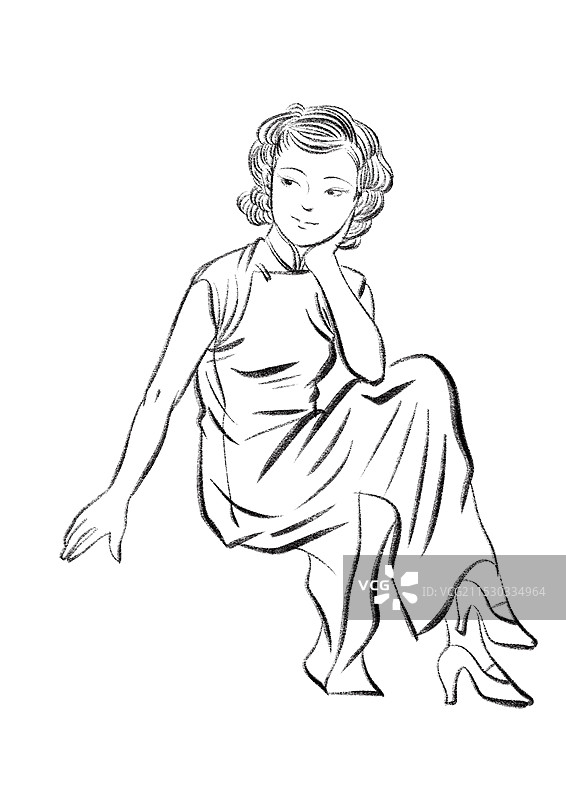 国潮风旗袍女性插画素描线稿图片素材