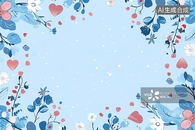 【AI数字艺术】扁平风蓝色爱心和鲜花插画背景图片素材