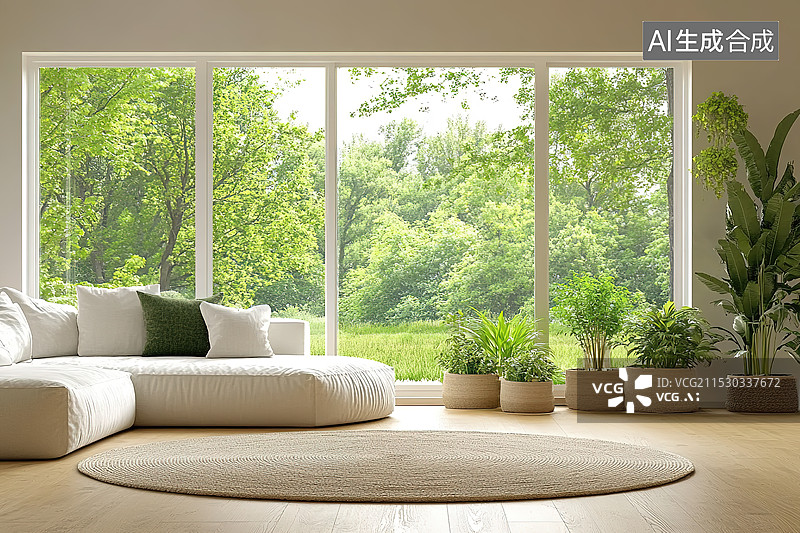 【AI数字艺术】开满绿植的温馨起居室室内空间图片素材
