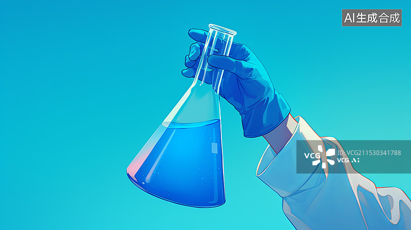 【AI数字艺术】手持蓝色液体烧瓶插画图片素材
