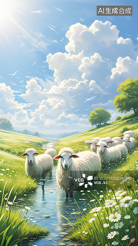 【AI数字艺术】春天羊群插画图片素材