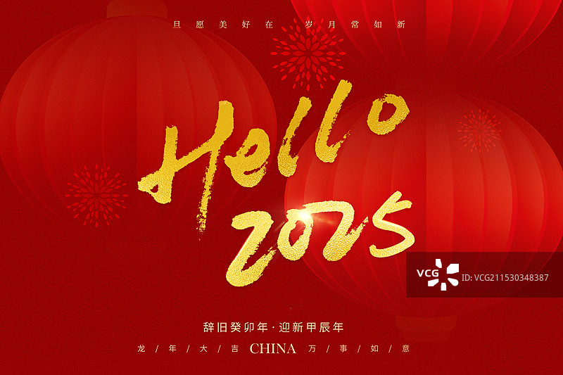 2025年蛇年 中国新年元旦祝福贺卡 你好2025手写字 红色灯笼背景 横版图片素材
