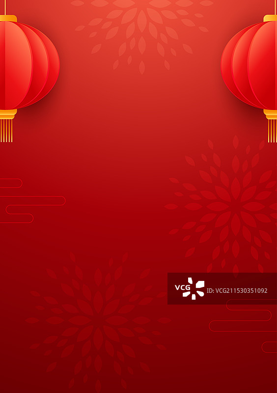 2025年蛇年 中国新年元旦祝福贺卡国潮风3D大红灯笼高高挂 扁平风格焰火背景 竖版图片素材