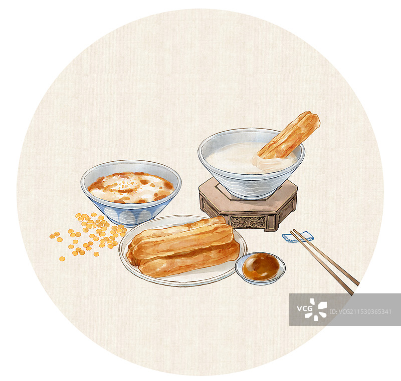早点早餐油条豆浆豆腐脑茶叶蛋北京特色小吃美食--国风国画写意古风水墨插画图片素材