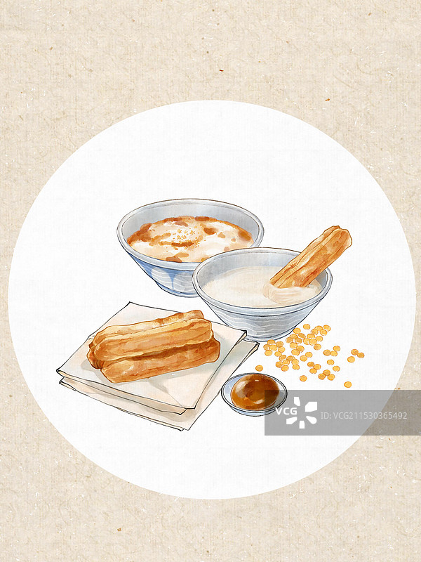 早点早餐油条豆浆豆腐脑茶叶蛋北京特色小吃美食--国风国画写意古风水墨插画图片素材