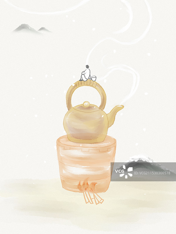 大雪节气围炉煮茶唐诗配图插画图片素材