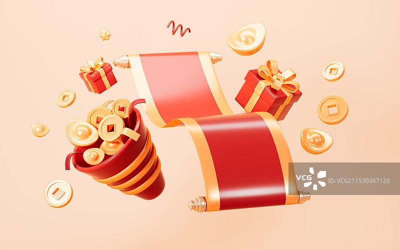 中国新年红色卷轴和福袋红包等新年元素3D渲染图片素材