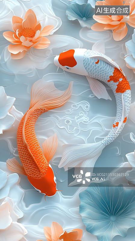 【AI数字艺术】纸艺锦鲤与荷花图片素材