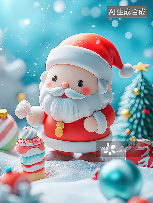 【AI数字艺术】圣诞老人与圣诞树和装饰品一起站在积雪覆盖的地面上图片素材