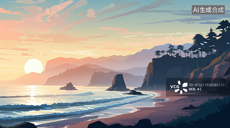 【AI数字艺术】日落时的海景插画背景图图片素材