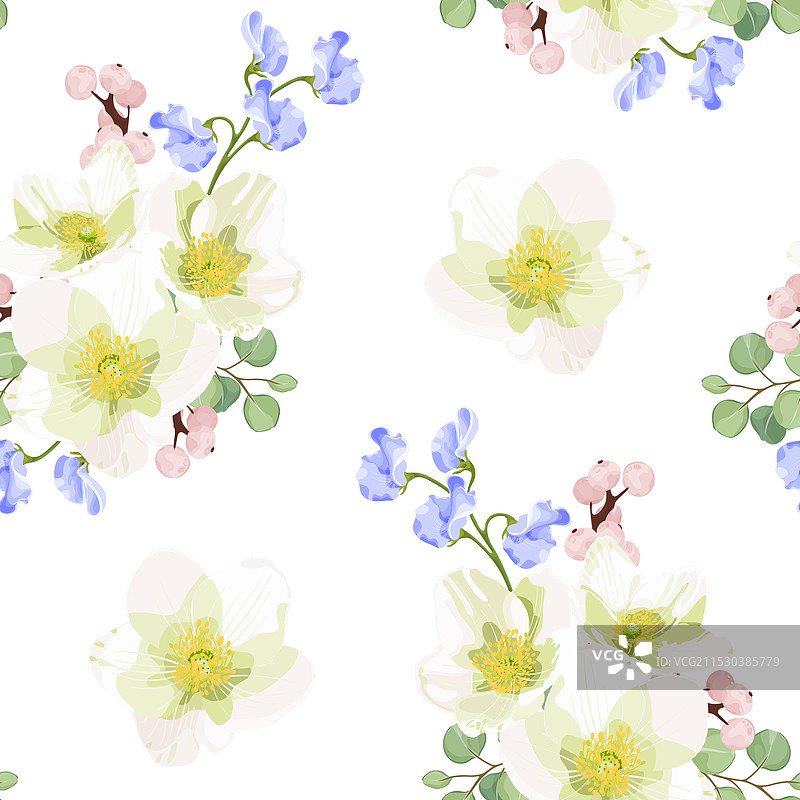 无缝春季花卉图案，特色为白色图片素材