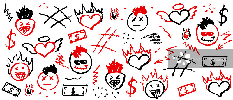 黑色和红色蜡笔绘制的涂鸦元素图片素材