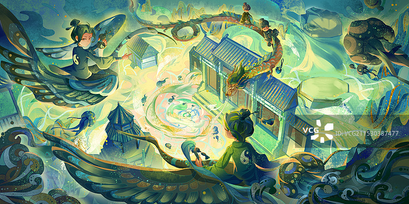 国风道韵奇遇插画图片素材